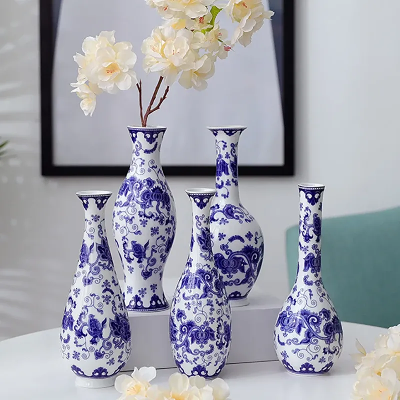 Vases Vase chinois en porcelaine bleue et blanche, conteneur d'arrangement de fleurs en céramique, décoration de maison, salon, Table à manger, Vase hydroponique