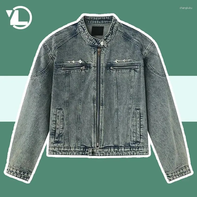 Mäns jackor Mens denim Hip Hop nödställda tvättade metalldesign Bomber Cowboy Coats High Steet Retro Short dragkedja Casual Outwear