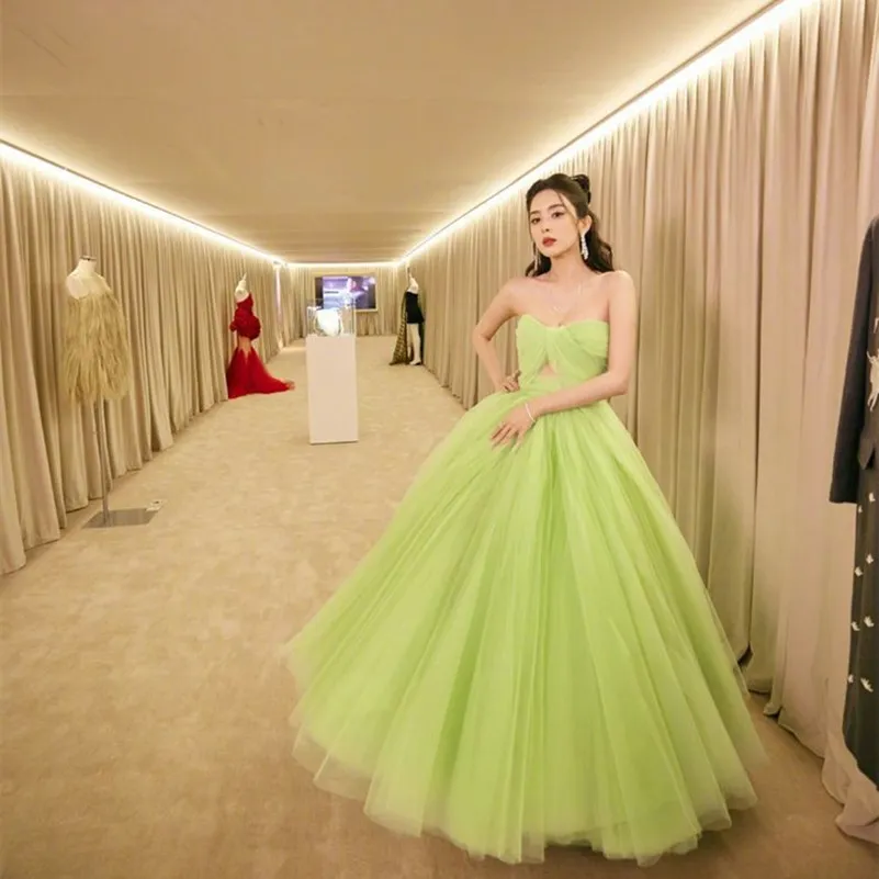 Elegant Long Sweetheart Green Celebrity Dresses A-Line Tulle Sleeveless Pleated Ankle Length Lace Up Back Evening Prom Dresses for Women