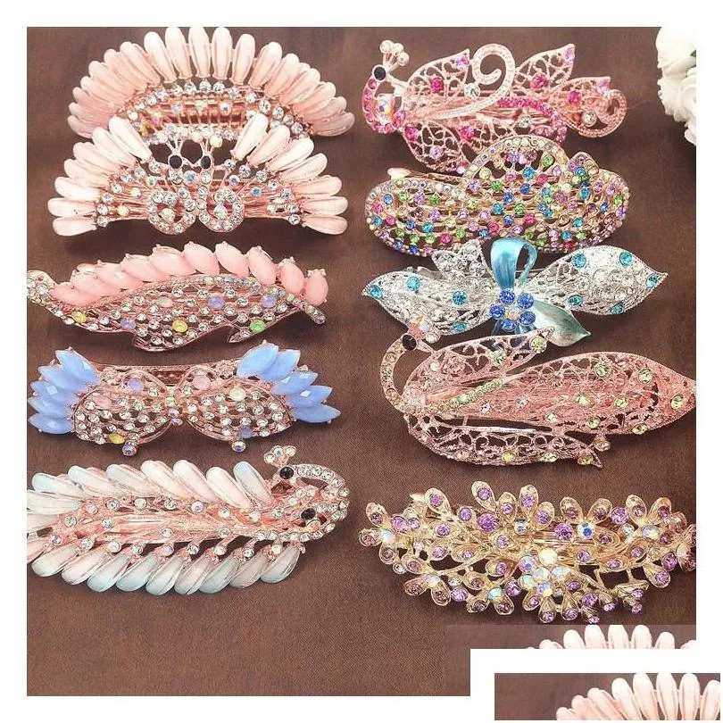 Saç klipleri barrettes moda elasant kadınlar saç klipli Kore enfes yaprak kristal rhinestone barrette parti saç tokası erişim düşme