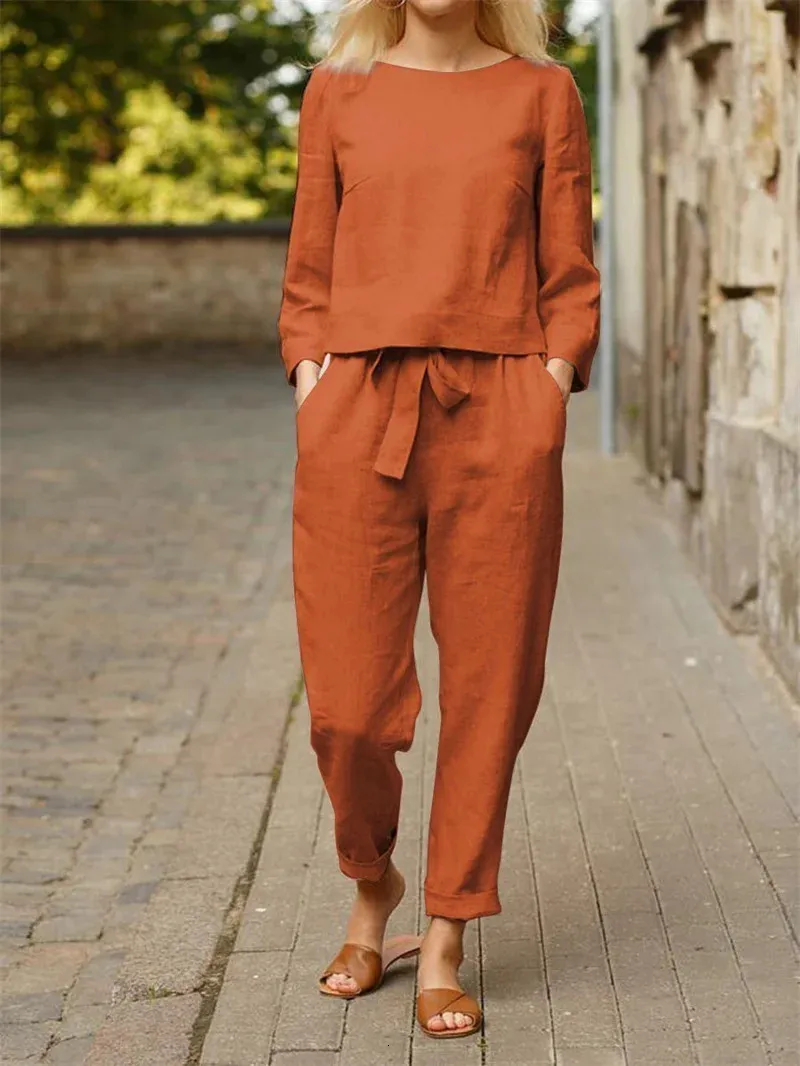 Casual Elegant Ladies 2 Piece Sets Fashion Spring Cotton Linen Womens Tracksuit Suit Long Sleeve Top Loose Pants Set Female 240319