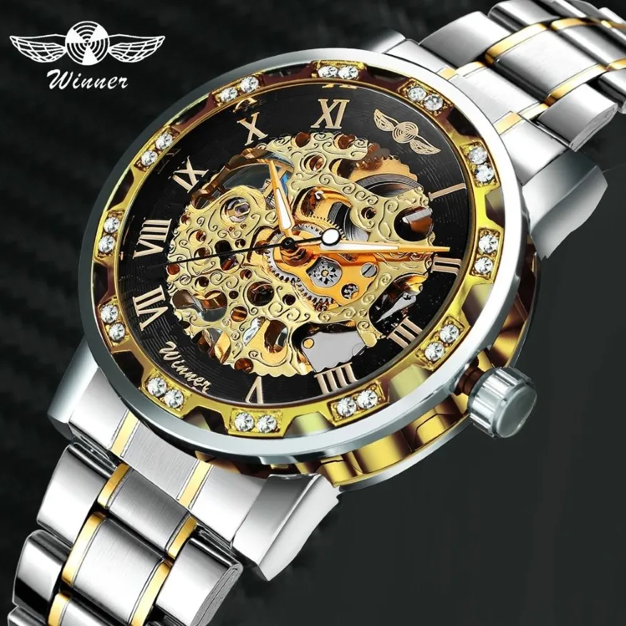 WINNER Hollow Mechanical Mens Watches Top Brand Luxury Iced Out Crystal Fashion Punk Steel Wristwatch for Man Clock 201113278P