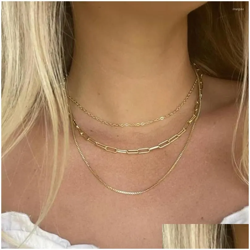 Pendant Necklaces Uworld Vintage 18K Gold Plated Paperclip Box Chain Layered Necklace Stainless Steel Link Triple Layer For Girls Dr Dhcvz