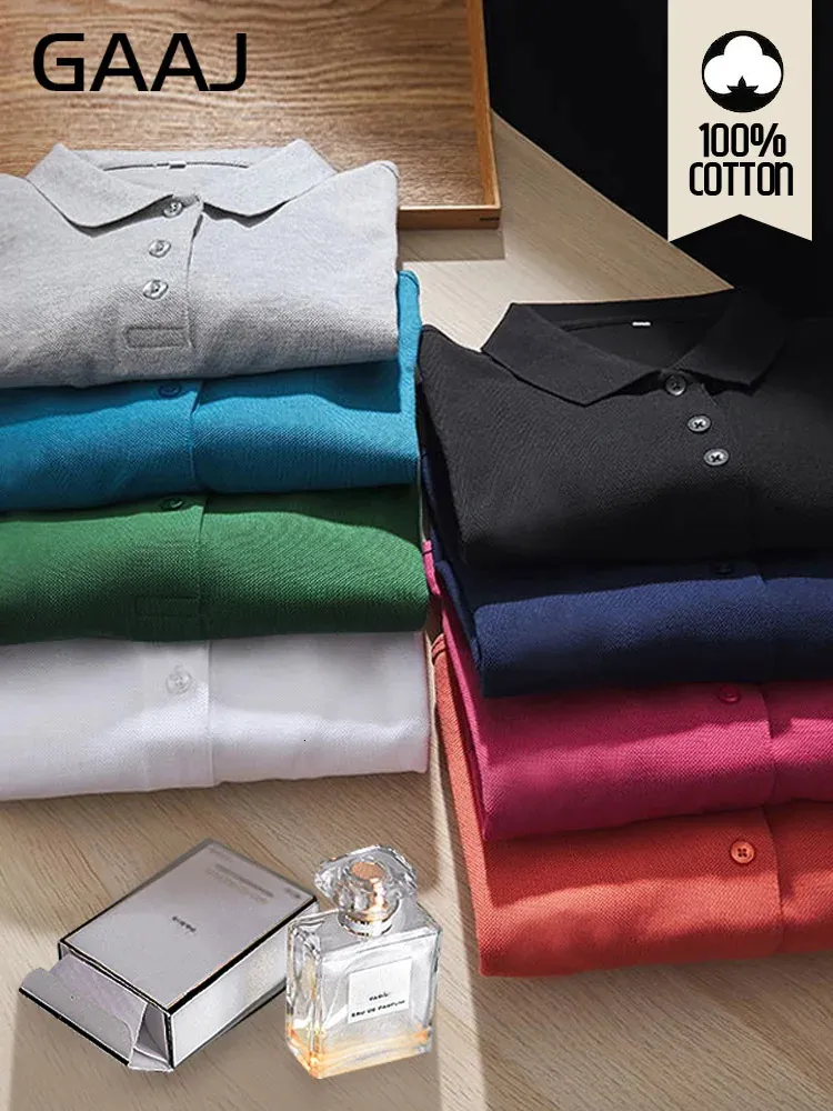 250gsm 8.8oz GAAJ Brand Mens Polo Long Sleeve Shirt 100% Cotton Heavy Weight Casual Business Clothing Solid Polos Shirts Top Man 240314