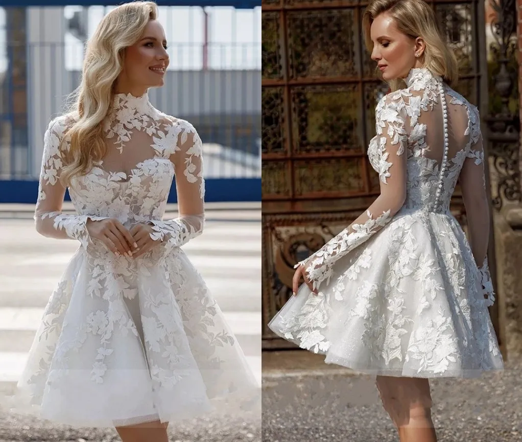 Elegant A-Line Knee Length Wedding Dress - Illusion Applique, Long Sleeves.  Shop Now! from Dhgate A-Line Wedding Dresses - price 116.59, image size:1022x865