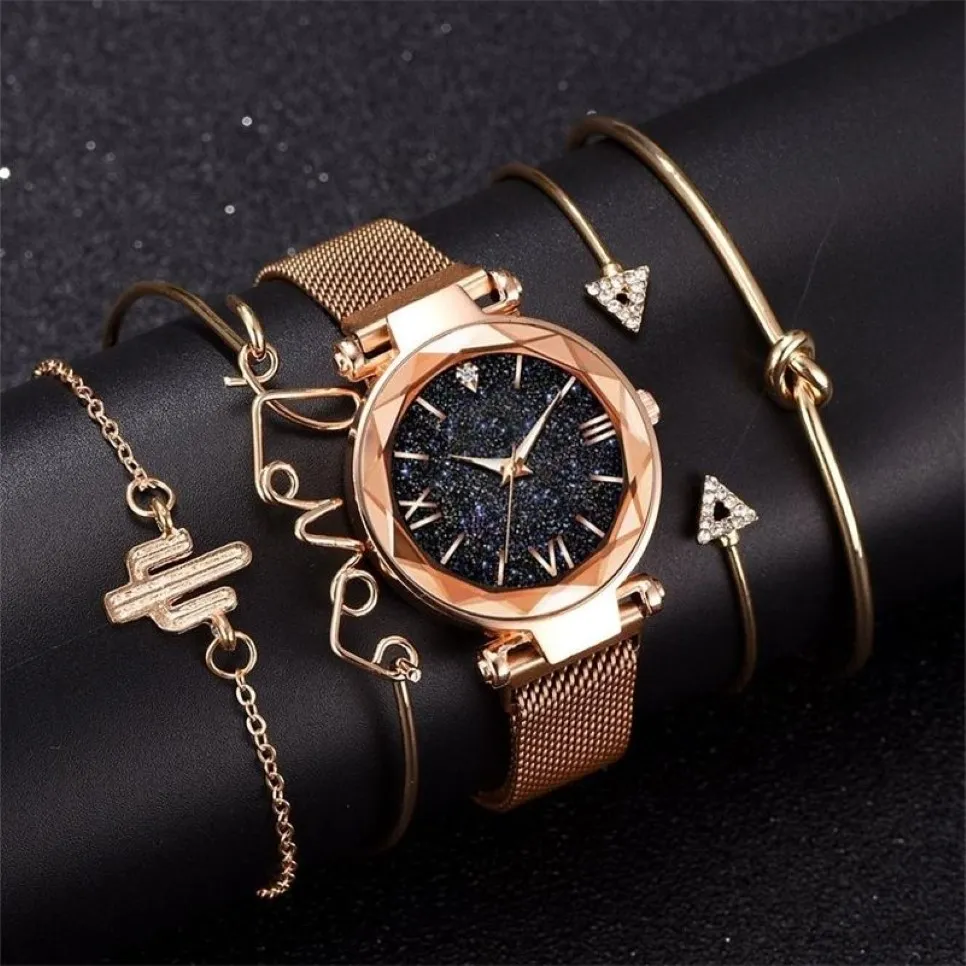 Mode Bracelet montres femmes 5 pièces ensemble de luxe en or Rose dame montres ciel étoilé aimant boucle cadeau montre pour femme 201204184w