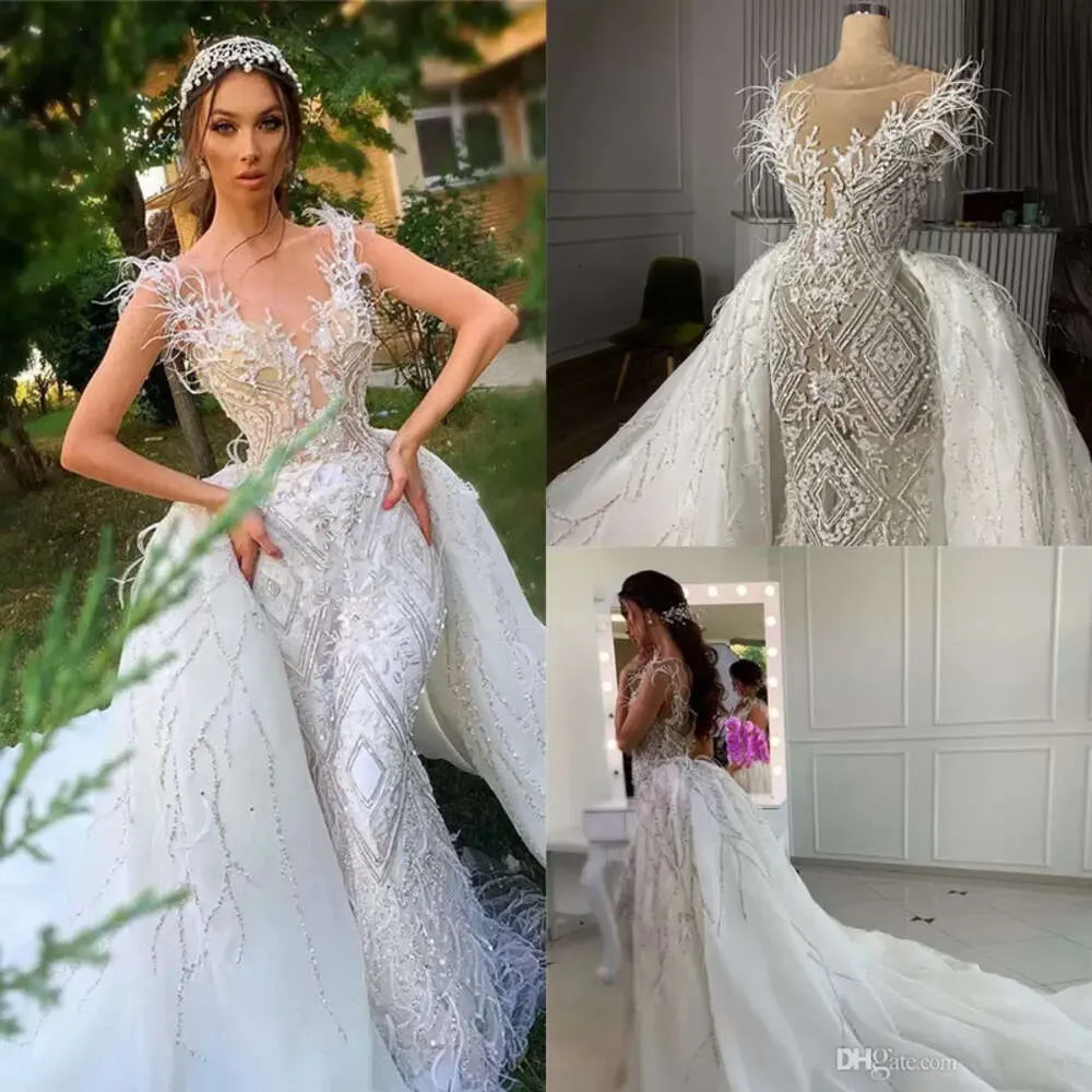 Pictures Beaded Real Crystal Mermaid Wedding Dresses With Detachable Train Appliqued Feathers Saudi Arabic Dubai Bridal Gown CPH