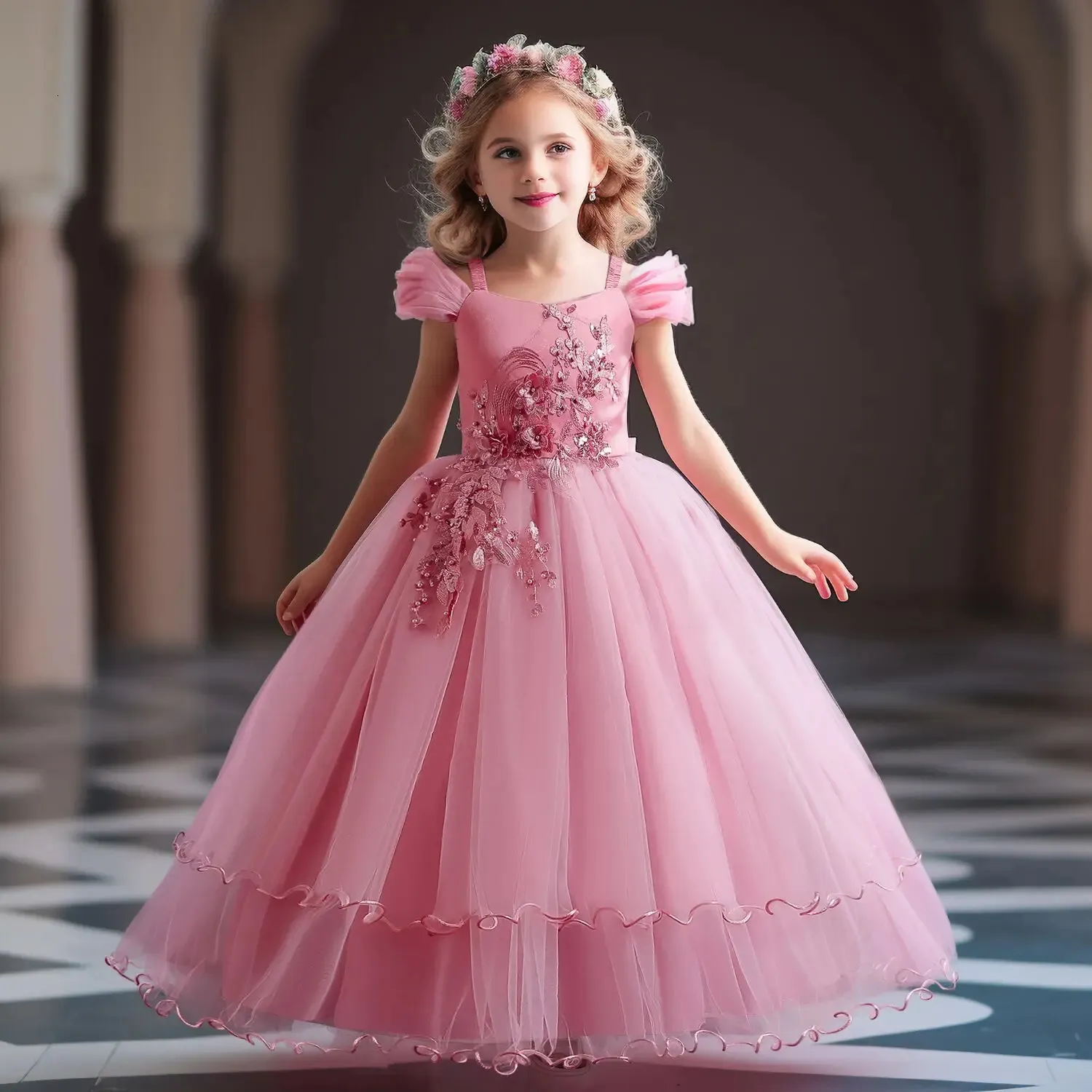 Teenager Mädchen Kleider für Hochzeit Abend Kinder Applikationen Blume Prinzessin Geburtstag Party Langes Kleid Mädchen Vestidos Bankett Kleid 240314