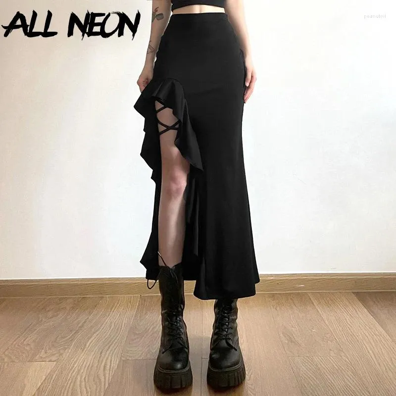 Rokken ALLNeon Gothic Zwarte Hoge Taille Bodycon Mid Rok E-Girl Punk Ruches Split A-lijn Y2K Mode Vrouwen streetwear Bodems