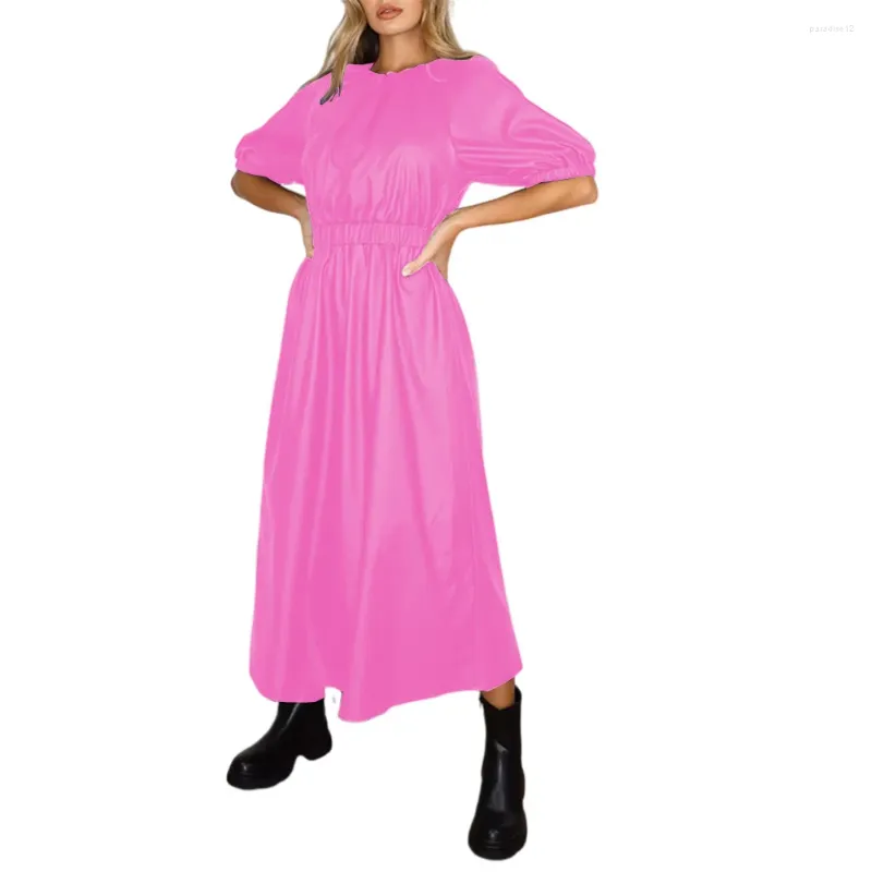 Robes de soirée robe à manches bouffantes en cuir PU patineuse femmes taille élastique longue dame couleur unie a-ligne Maxi S-7XL