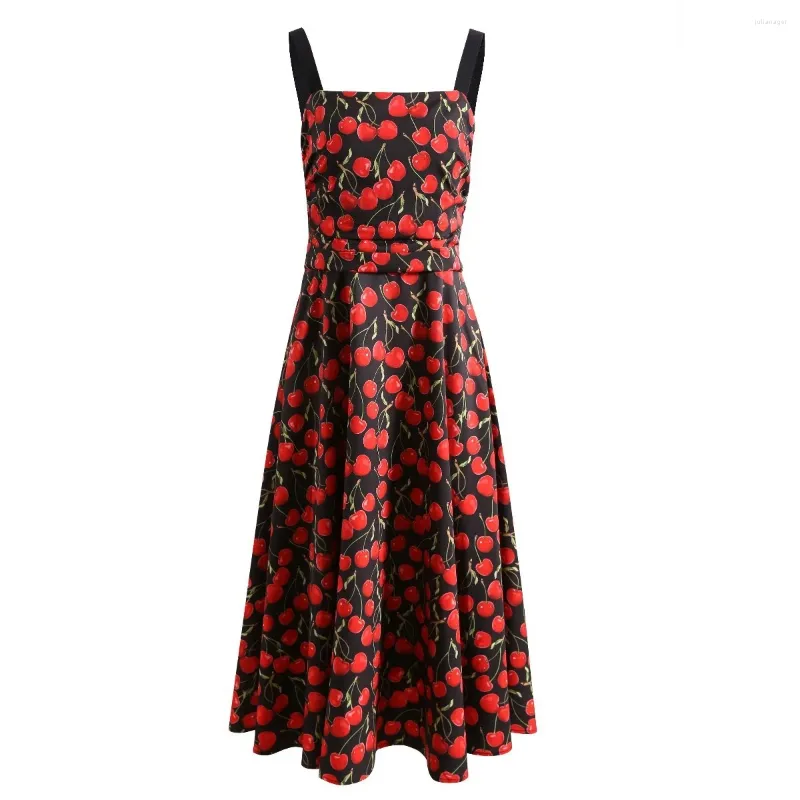 Casual Dresses Jamerary Fashion Runway Red Cherry Dress for Women Summer Straps A Line Holiday Beach Midi Long Lady