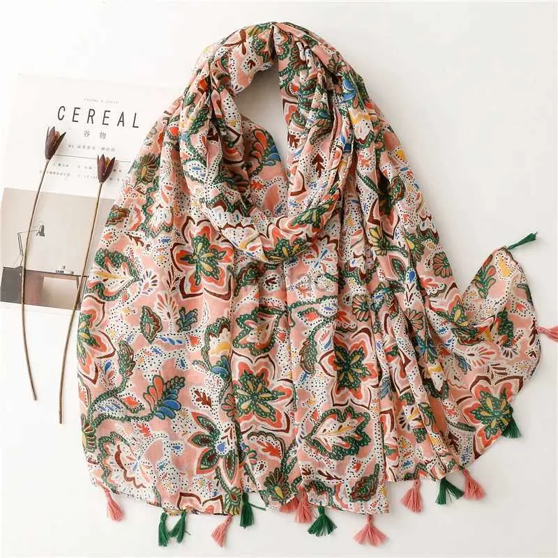 Sarongs 90 * 180 newly printed soft linen cotton scarf shawl womens fashion luxury brand headscarf womens high-quality wrapped floral tassel scarf 24325