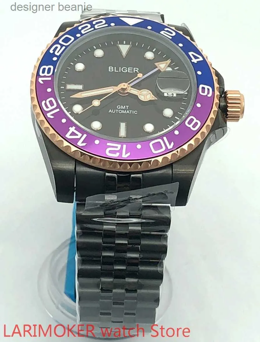 Montres-bracelets Bliger 40mm luxe cadran noir comté verre bleu et violet lunette tournante T mouvement automatique lumineux mensC24325