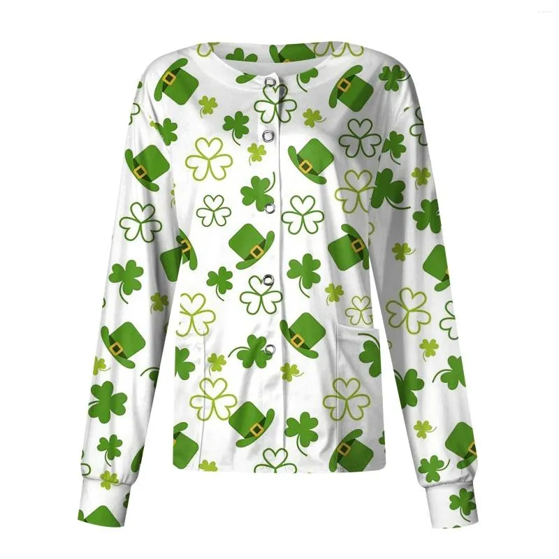 Dames T-shirts Dames Patroon met lange mouwen Zak Werken Stand-Up St. Patrick's Day Print Kraag Single-Breasted Beschermende overall