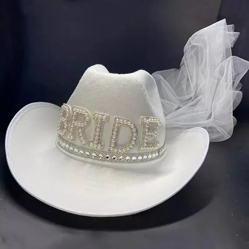 Cappelli Sposa Cappello da cowboy Velo Paese western Fienile Spazio Discoteca Matrimonio Cowgirl Bach Addio al nubilato Addio al nubilato Decorazione regalo