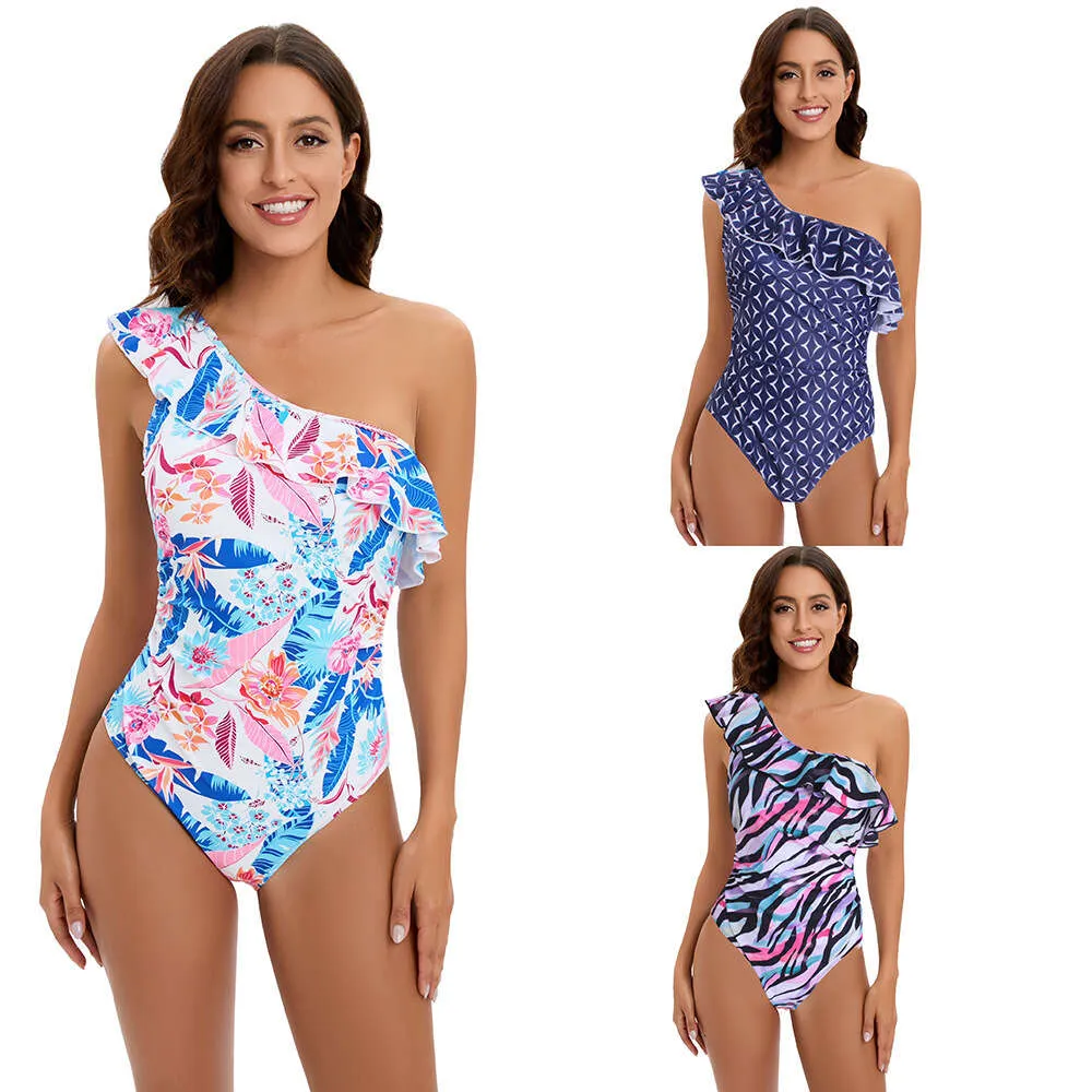 Maillot de bain une pièce imprimé pour femmes, épaule simple, bord de feuille de Lotus, Bikini, nouvelle collection 2024