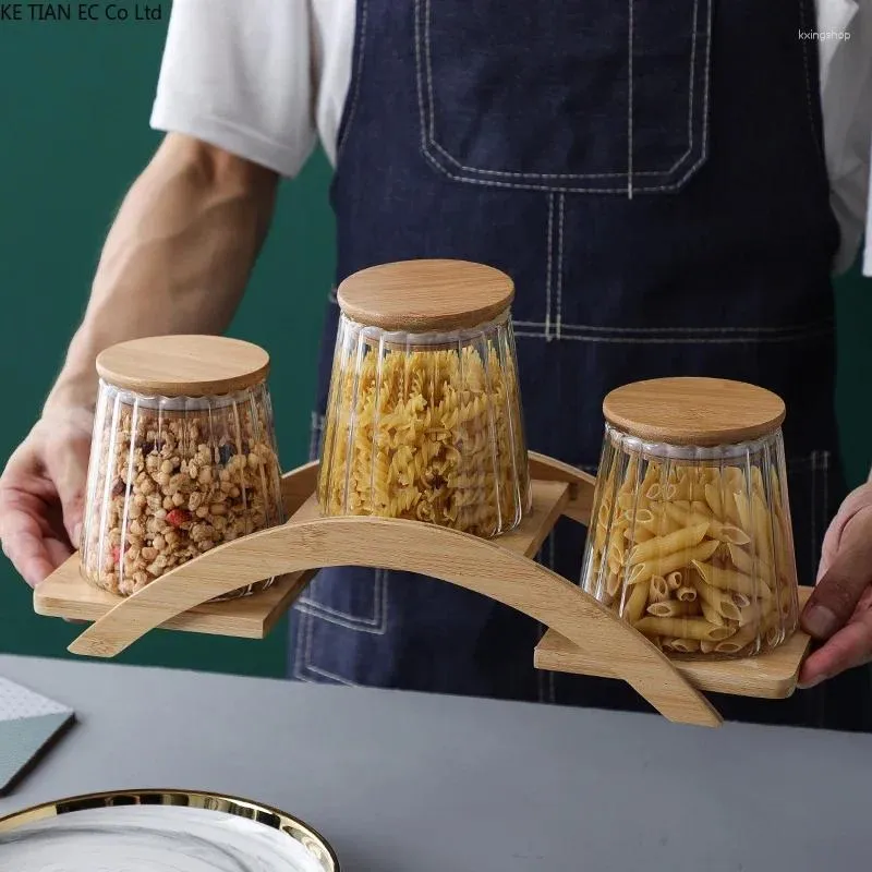 Opslagflessen Moderne Glazen Kruidenpot Met Bamboe Houten Plank Thuis Verzegelde Zout Peper Doos Vochtbestendige Snack