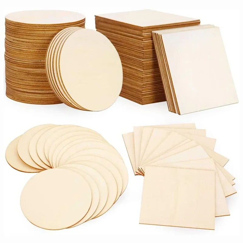 Kunsthandwerk 20/40/50 PCs 100mm Holzstücke Scheiben Holz runden Platz für Kinder DIY Lackierter Holzchip Hochzeitshaushalt Dekoration Board