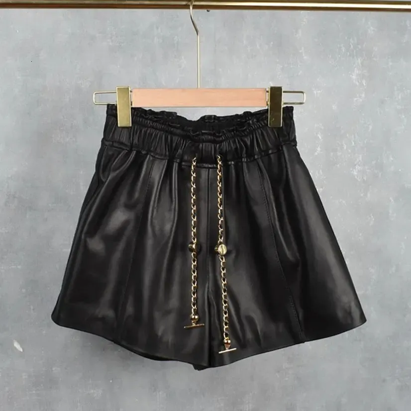 Women Genuine Leather Shorts Sheep Skin Elastic Waist Real Leather Pants Female Wide Leg Pants Y3651 240312