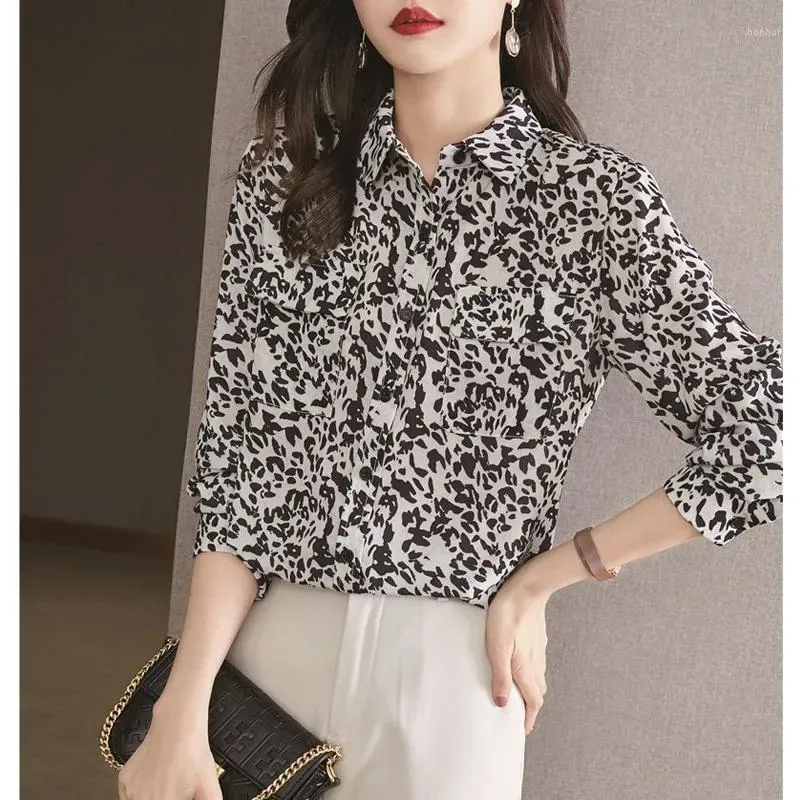 Dames blouses shirts 2023 lente herfst mode luipaard print chique straat knop omhoog casual eenvoudige losse toppen voor lange mouwen voor vrouwen dr otaxx