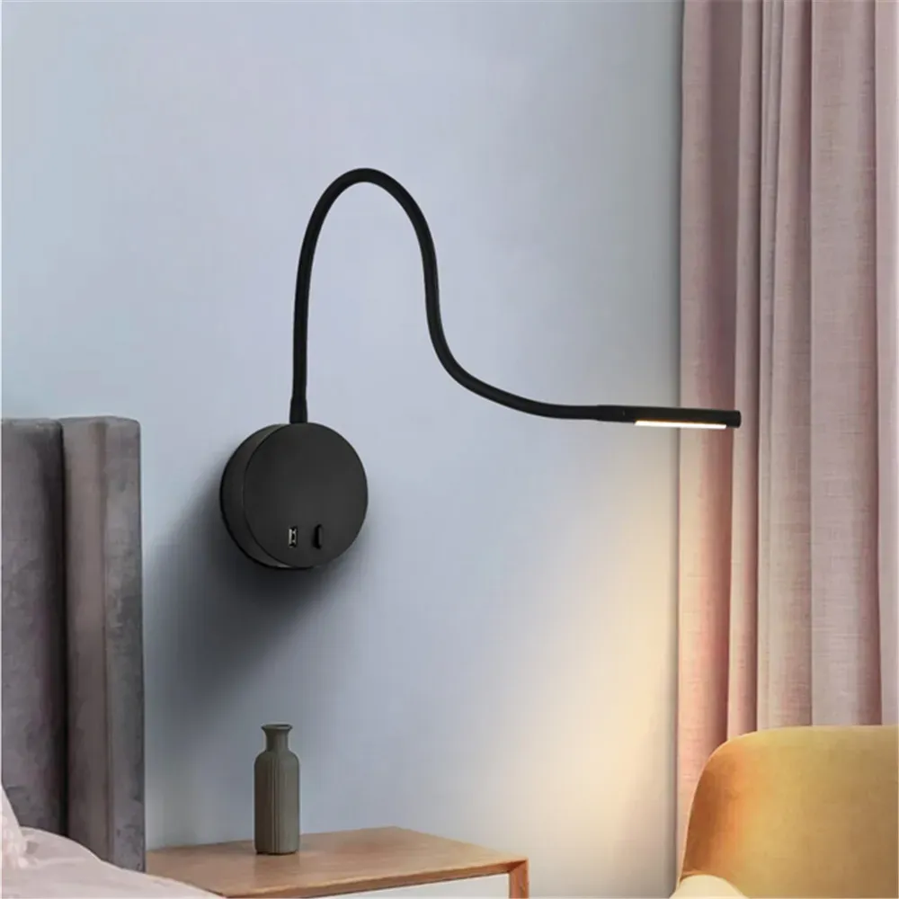 Tokili Bed Mount Reading Light Book Lamp Flexible Hose Wandlamp with USB Port 5V 2A Home Hotel Loft Bedside Night Lighting Hardwired Black Sconces