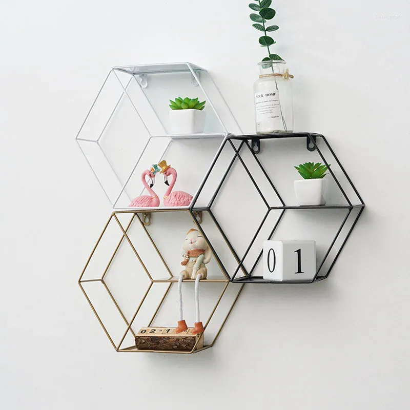 Placas decorativas hexágono suporte de parede flutuante prateleira ferro artesanato expositor rack armazenamento artigos diversos metal montado decoração para casa