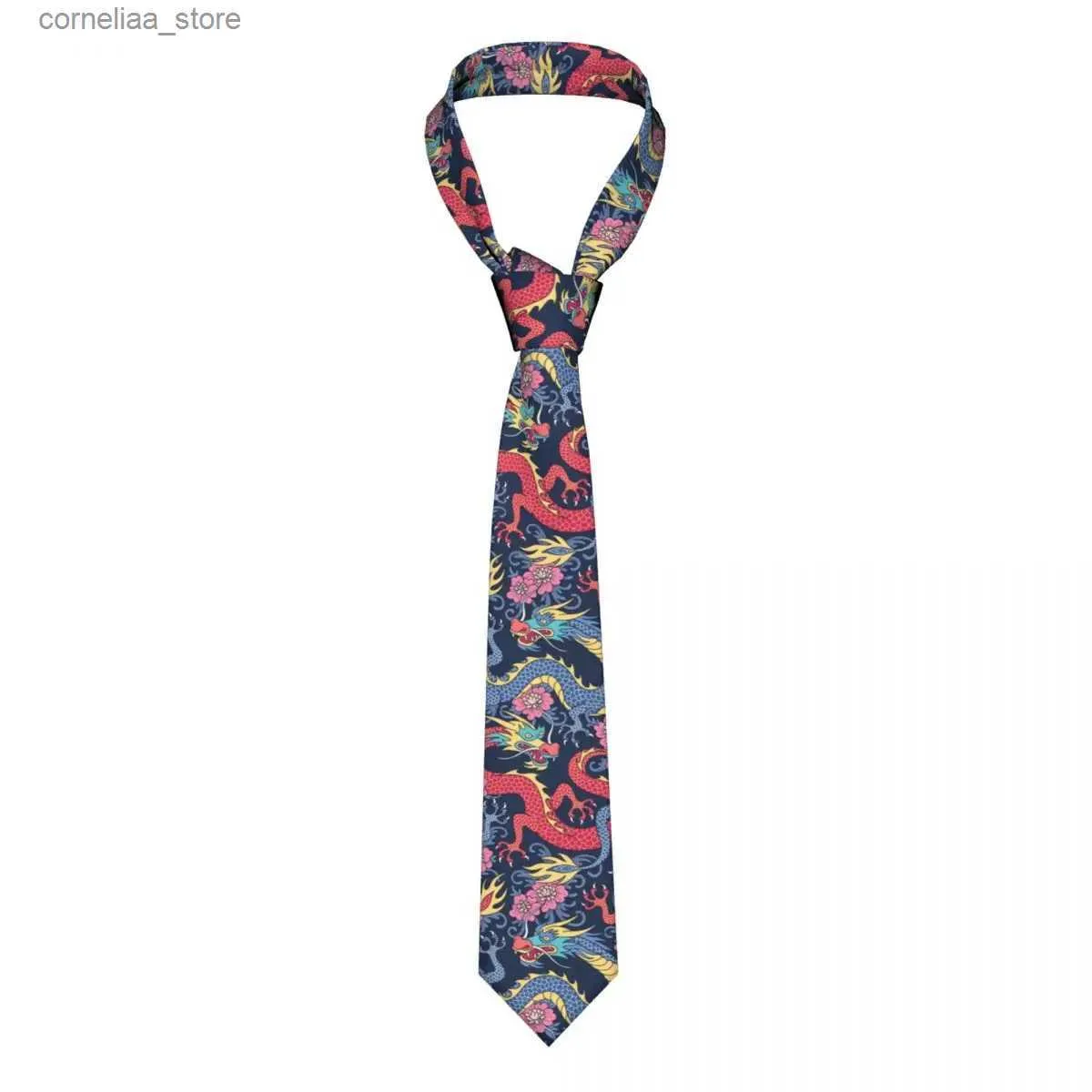 Cravatte Cravatte Cravatte Drago tradizionale cinese Uomo Donna Poliestere magro 8 cm Draghi stretti con fiori Cravatte per l'uso quotidiano Gravatas Y240325