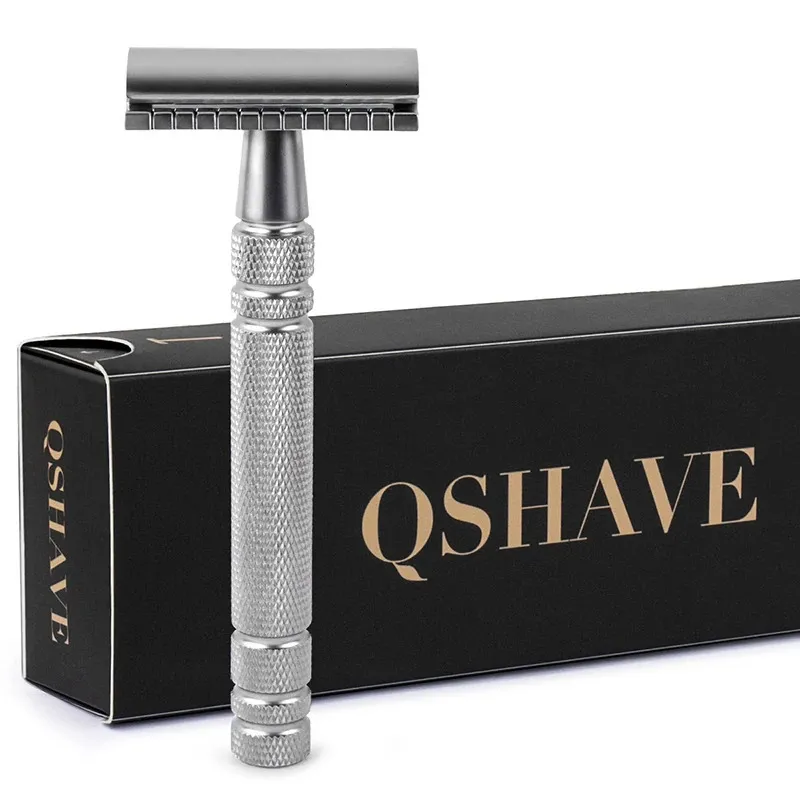 QSHAVE MENマニュアルシェービングラザークラシックセーフティレザーダブルエッジブレード銅ハンドル5 PCSブレードがギフト240325