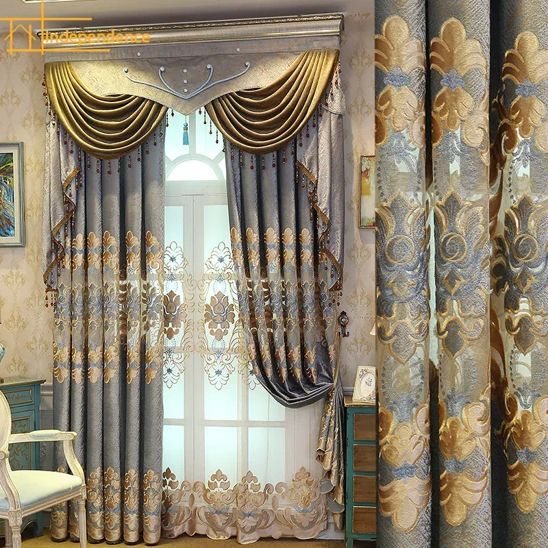 Cortinas estilo europeias cinza ouro bordado espessado cortinas chenille para a sala de estar quarto personalizado villa valance janela triagem