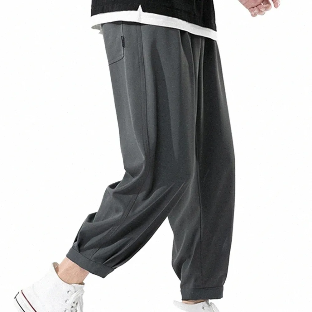 Środkowy elastyczny pasek paliwa Pants Pockets Lodowe jedwabne letnie szerokie nogi cienkie spodnie joggingowe streetwear j5of##