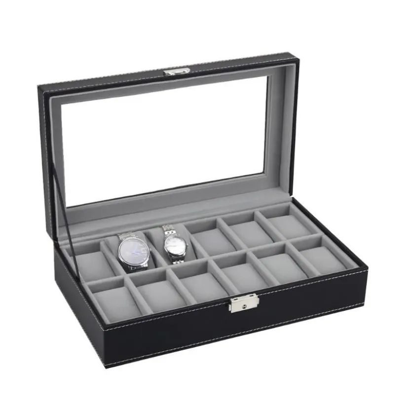 Titta på rutor Fall 6 10 12 Slots Box Case Rings Chain Halsband Holder Lagring Organiser Smycken Display Pu Leather Casket SAAT TR268Q