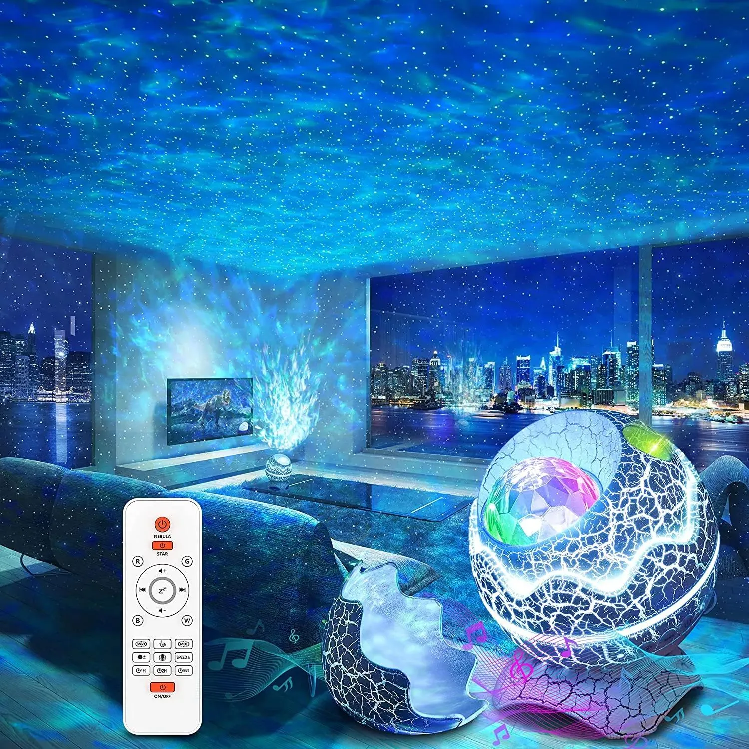 Star Star Night Light Muzyka gwiaździsta fala wodna LED LED RAMOTE Bluetooth kolorowy obrotowy projektor aktywowany dźwięk lampa dekoracyjna LL