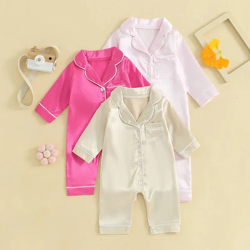 Pudcoco born Baby Boy Girl Satin Slik Pajamas Jumpsuits Long Sleeve Button Down Romper Pjs Infant Sleepwear 024M 240325