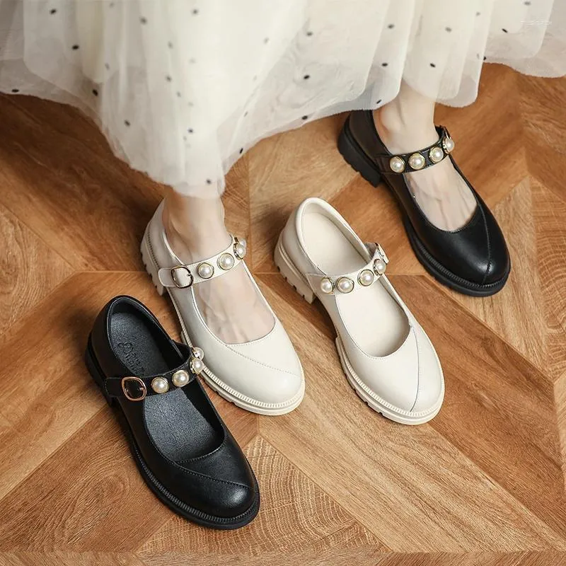 Casual Shoes British Style Split Leather Women's Mary Jane Female Pearl Decor. Loafers Autumn Thick Heels Big Size: 35--43