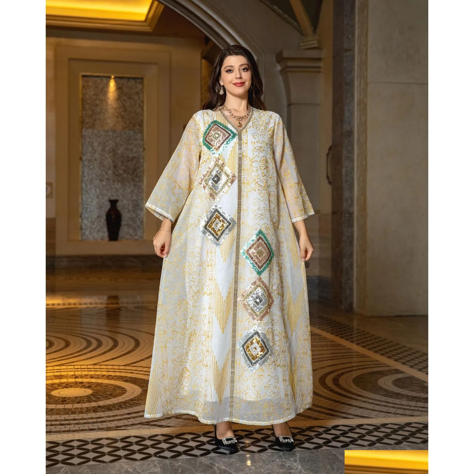 Ethnic Clothing Jalabiya Middle Eastern Robe Muslim Mesh Embroidered Sequins Beaded Evening Dresses Dubai Abaya Temperament Turkish Lo Ot2Sf