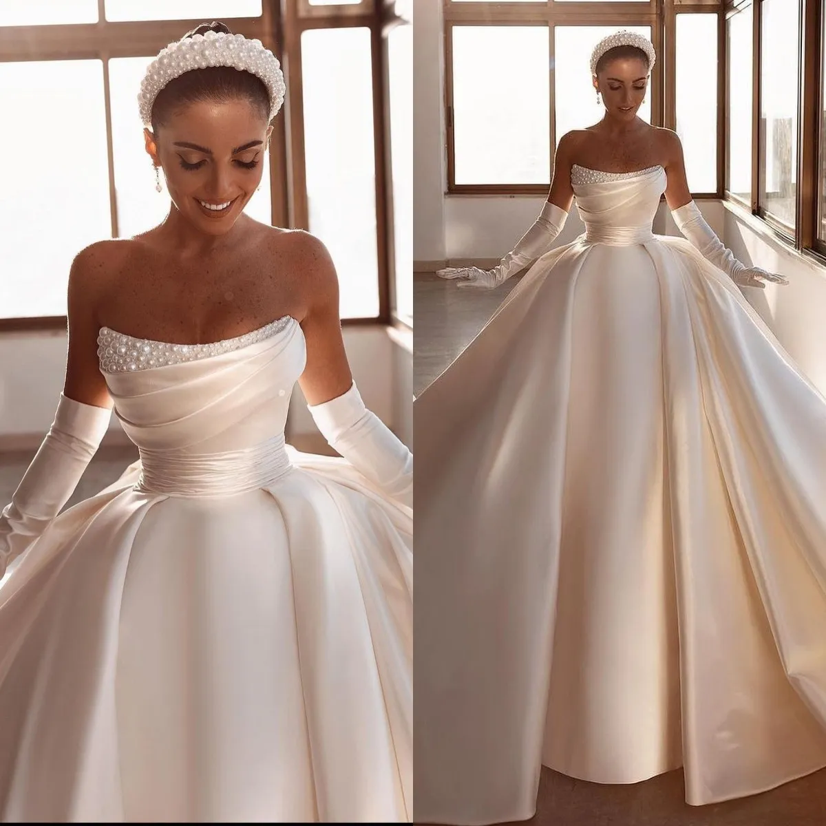 Abito da sposa da ballo in raso vintage per perle sposa senza spalline Vestitido de Noiva Sweep Trein Abiti da sposa Mariage