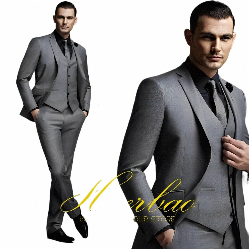 Busin Men's Suit 3-stycken Set Jacket Pants Vest Wedding Groom Tuxedo Formella kökläder Slim Fit Blazer Q6AB#