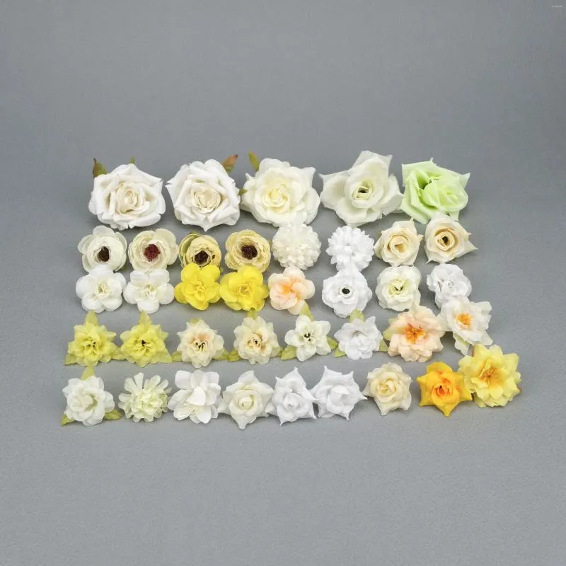 Decorative Flowers Artificial Silk Flower Heads Combo Set Beige Rose Style 38Pcs / Pack DIY Fake Yellow For Crafts