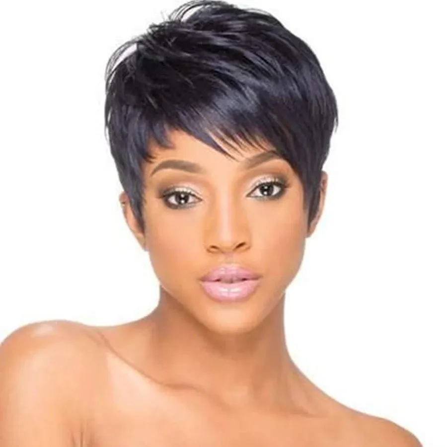 Wigs Natural Black Synthetic Short Wig for Women Pixie Cut Square Wigs with Bangs Cuttable Perruque