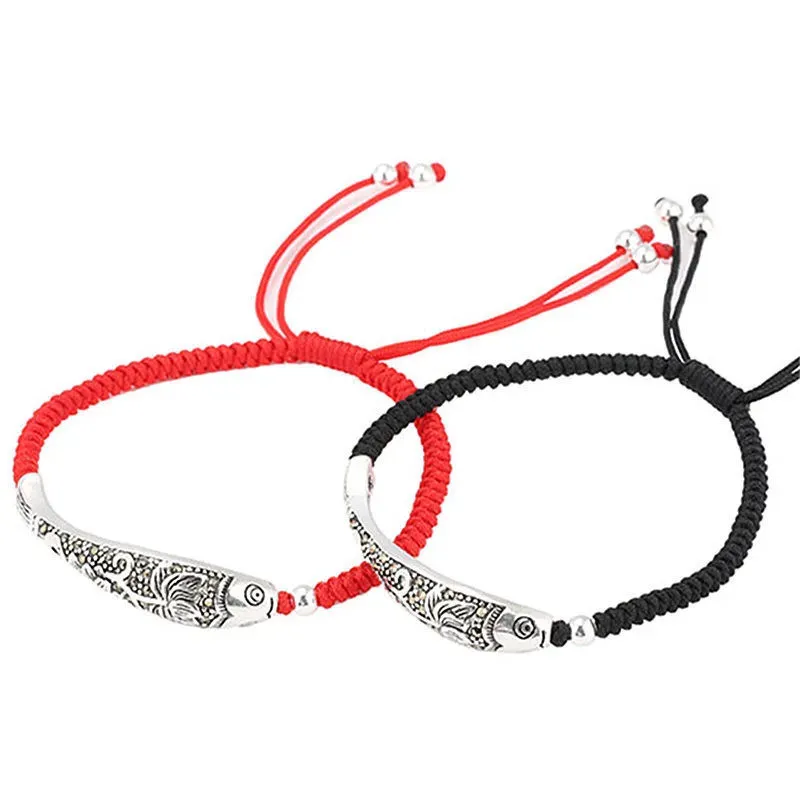 Tibetan silver Color Fish Lucky Red Rope Bracelet For Women And Men Adjustable Handmade Amulet Thread Jewelry Gift 240315