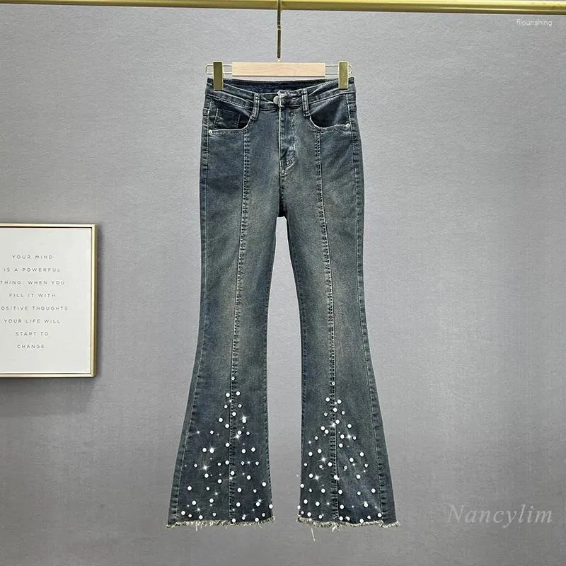 Женские джинсы, расклешенные бисером, джинсовые брюки-клеш, модные весенние 2024, высокая талия, облегающий крой, утягивающие, с ромбовидными вставками, потертые