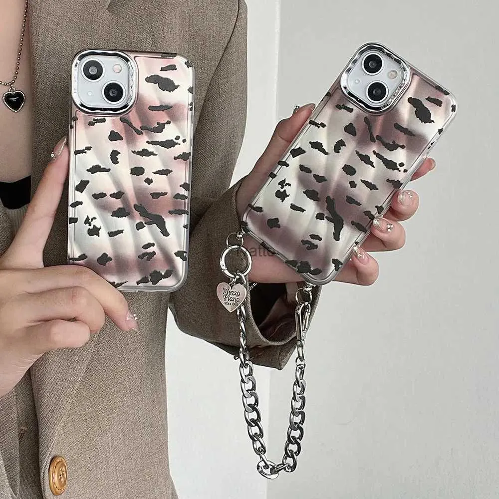 Custodie per cellulari Custodia morbida per cellulare in argento placcato argento vintage con catena ambrata per iPhone 15 Pro Max 14 13 12 11 Cover posteriore antiurto leopardo H240326