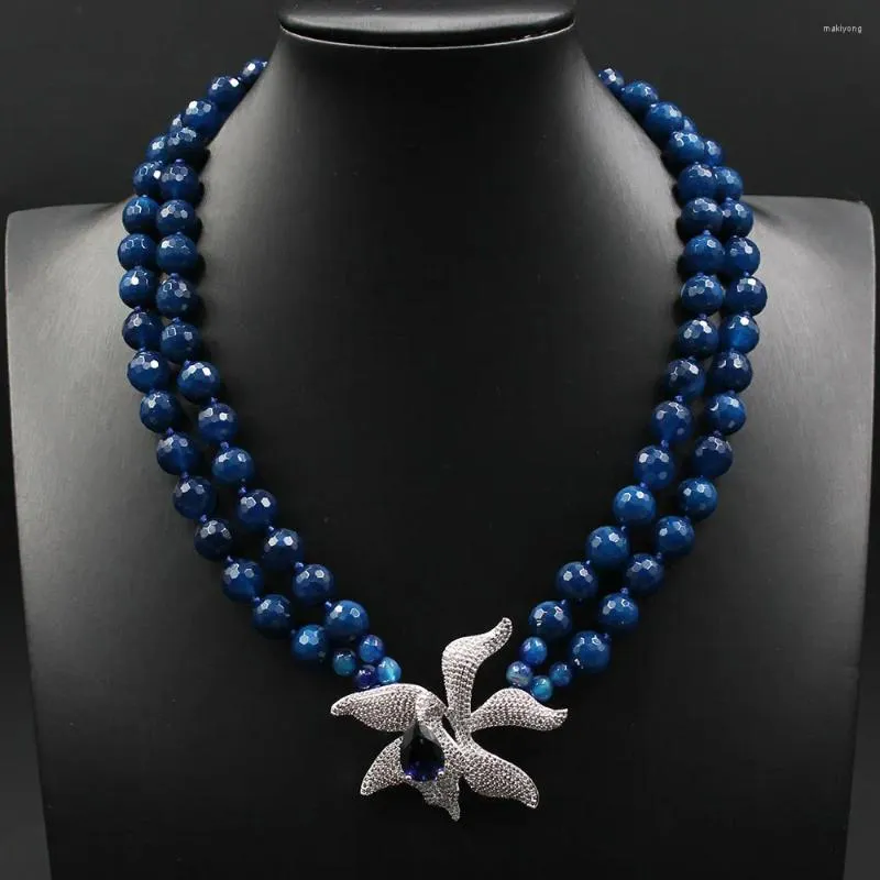 Pendant Necklaces GuaiGuai Jewelry 19'' 2 Rows Natural Blue Agate Necklace CZ Flower For Women