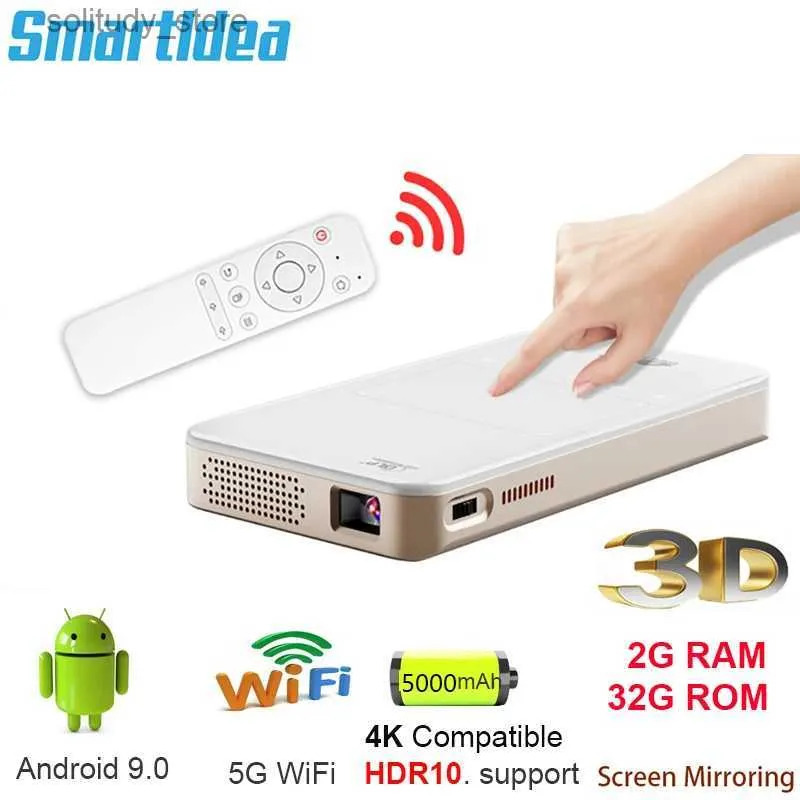 Diğer Projektör Aksesuarları SmartlDea HD Mini Akıllı DLP 4K Projektör Android 9.0 5G WiFi BT Yerleşik Hoparlör Pil Cep Telefonu Projektör Q240322