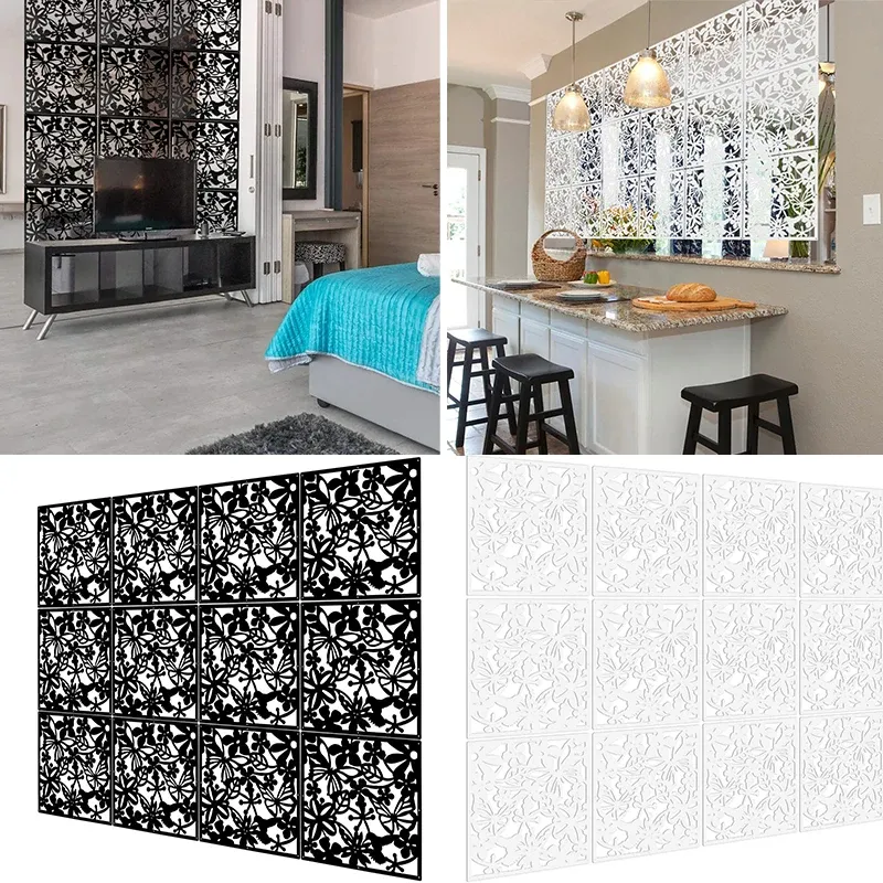 Dividers 12pcs DIY PVC Room Divider Hanging Wall Screen Partitions Separator Hanging Decorative Panel Screens Hollow Curtain Art Decor