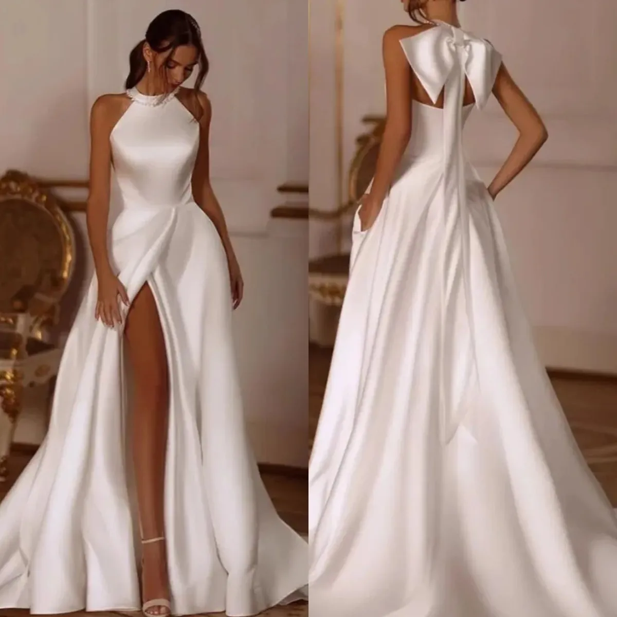 Halter Satin Wedding Dresses A Line Long Bridal Gowns