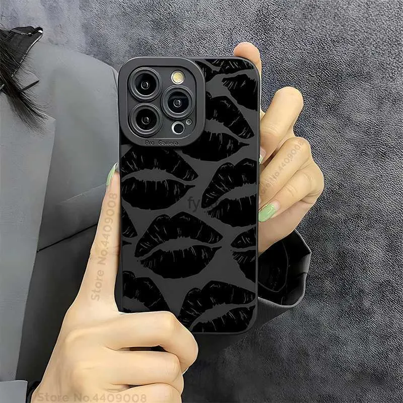 Cell Phone Cases Luxury Gothic Black Lip shaped Phone Case Suitable for iPhone 11 13 14 15 Pro Max Plus Phone Case Shockproof Soft Silicone Protective Cover H240326