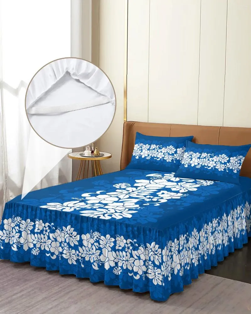 Bettrock, hawaiianische tropische Blume, blau, elastische Tagesdecke mit Kissenbezügen, Matratzenbezug, Bettwäsche-Set