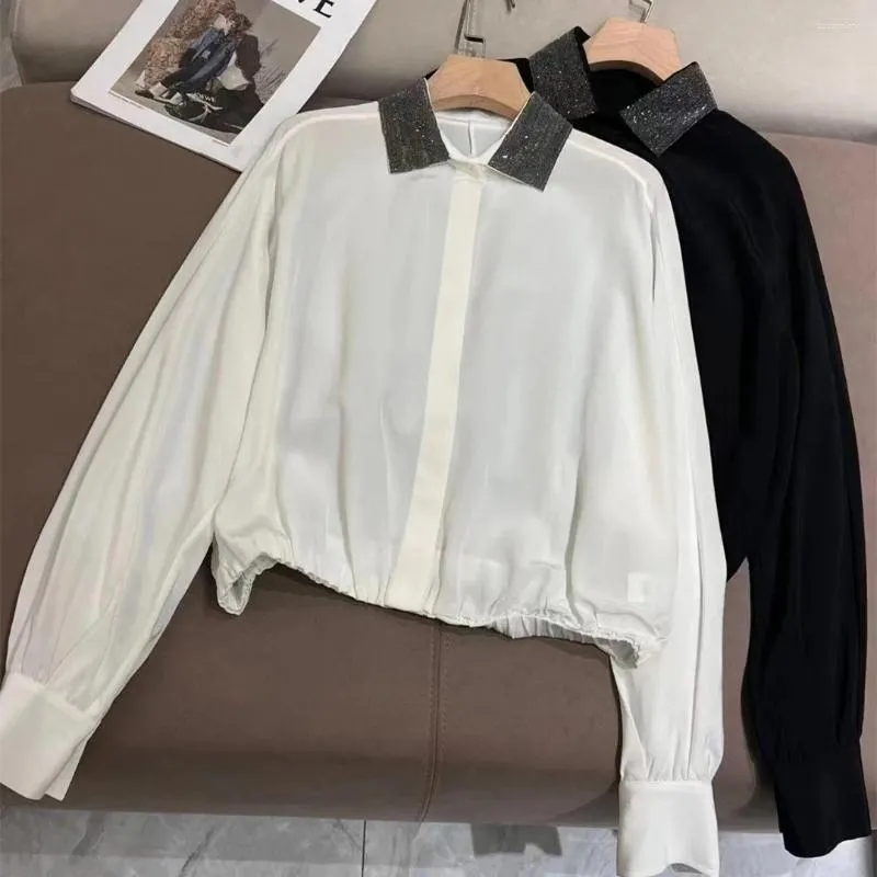 Blusas femininas naizaiga indústria pesada frisada de manga comprida seda branca 2024 verão camisa feminina qwx3
