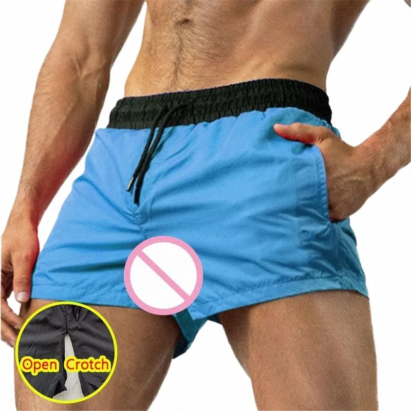 uomo con apertura sul cavallo Pantaloncini Fitn Sesso all'aperto Mutandine Doppie cerniere erotiche Running Palestre ad asciugatura rapida Bodybuild Jogging Gay Sweatpant M3a6 #